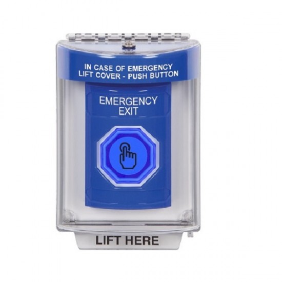 SS2446EX-EN STI Blue Indoor/Outdoor Flush w/ Horn Momentary (Illuminated) Stopper Station w/ EMERGENCY EXIT Label