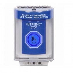 SS2447ES-EN STI Blue Indoor/Outdoor Flush w/ Horn Weather Resistant Momentary Stopper Station w/ EMERGENCY STOP Label