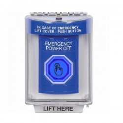 SS2447PO-EN STI Blue Indoor/Outdoor Flush w/ Horn Weather Resistant Momentary Stopper Station w/ EMERGENCY POWER OFF Label