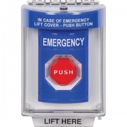 SS2448EM-ES STI Blue Indoor/Outdoor Flush w/ Horn Pneumatic (Illuminated) Stopper Station with EMERGENCY Label Spanish