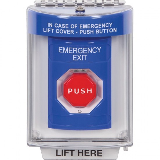 SS2449EX-ES STI Blue Indoor/Outdoor Flush w/ Horn Turn-to-Reset (Illuminated) Stopper Station with EMERGENCY EXIT Label Spanish