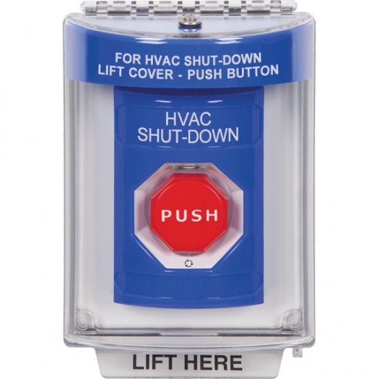 SS2449HV-ES STI Blue Indoor/Outdoor Flush w/ Horn Turn-to-Reset (Illuminated) Stopper Station with HVAC SHUT DOWN Label Spanish