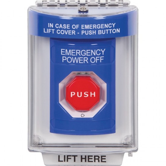 SS2449PO-EN STI Blue Indoor/Outdoor Flush w/ Horn Turn-to-Reset Stopper Station w/ EMERGENCY POWER OFF Label