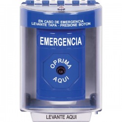 SS2470EM-ES STI Blue Indoor/Outdoor Surface Key-to-Reset Stopper Station with EMERGENCY Label Spanish
