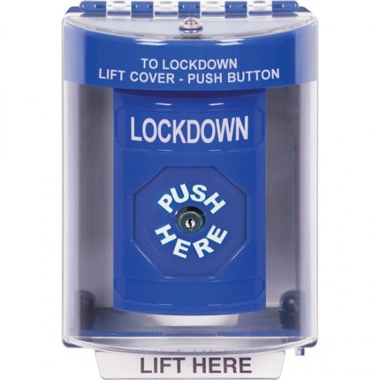 SS2470LD-EN STI Blue Indoor/Outdoor Surface Key-to-Reset Stopper Station with LOCKDOWN Label English