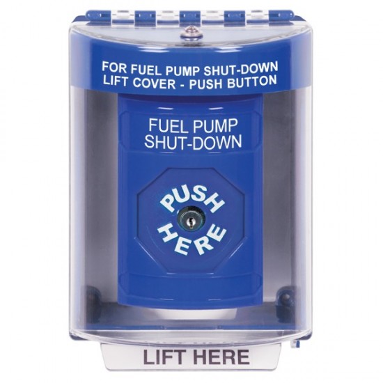 SS2470PS-EN STI Blue Indoor/Outdoor Surface Key-to-Reset Stopper Station with FUEL PUMP SHUT DOWN Label English