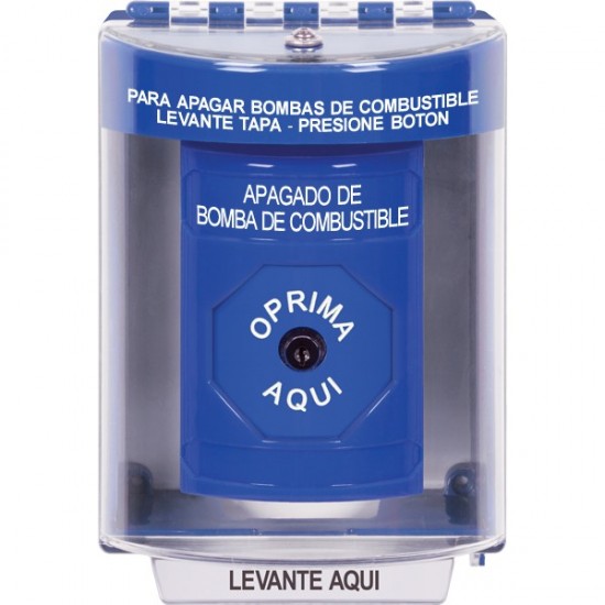 SS2470PS-ES STI Blue Indoor/Outdoor Surface Key-to-Reset Stopper Station with FUEL PUMP SHUT DOWN Label Spanish