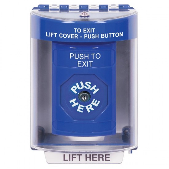 SS2470PX-EN STI Blue Indoor/Outdoor Surface Key-to-Reset Stopper Station with PUSH TO EXIT Label English