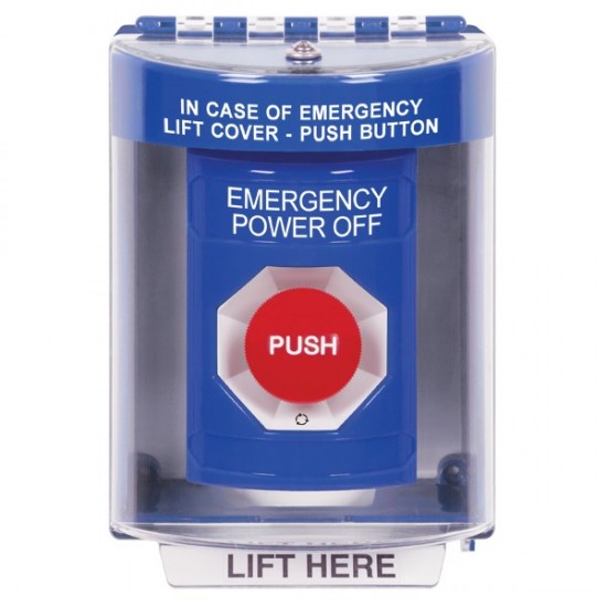 SS2471PO-EN STI Blue Indoor/Outdoor Surface Turn-to-Reset Stopper Station with EMERGENCY POWER OFF Label English