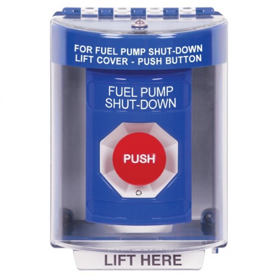SS2471PS-EN STI Blue Indoor/Outdoor Surface Turn-to-Reset Stopper Station with FUEL PUMP SHUT DOWN Label English