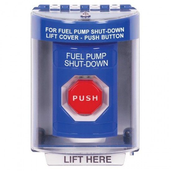 SS2472PS-EN STI Blue Indoor/Outdoor Surface Key-to-Reset (Illuminated) Stopper Station with FUEL PUMP SHUT DOWN Label English
