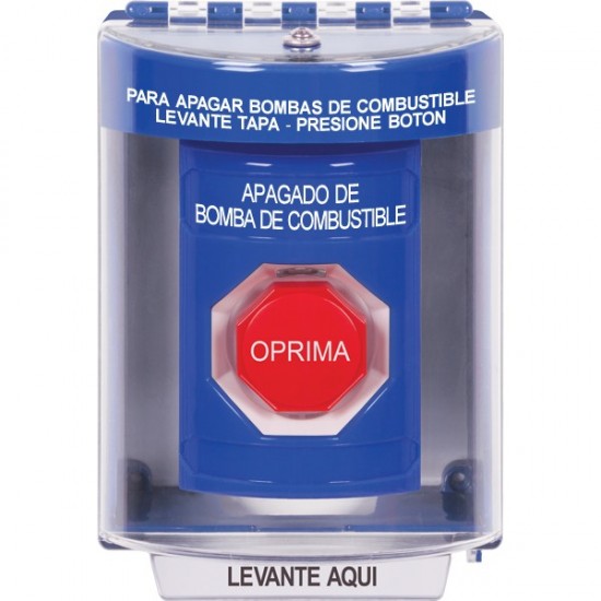 SS2472PS-ES STI Blue Indoor/Outdoor Surface Key-to-Reset (Illuminated) Stopper Station with FUEL PUMP SHUT DOWN Label Spanish