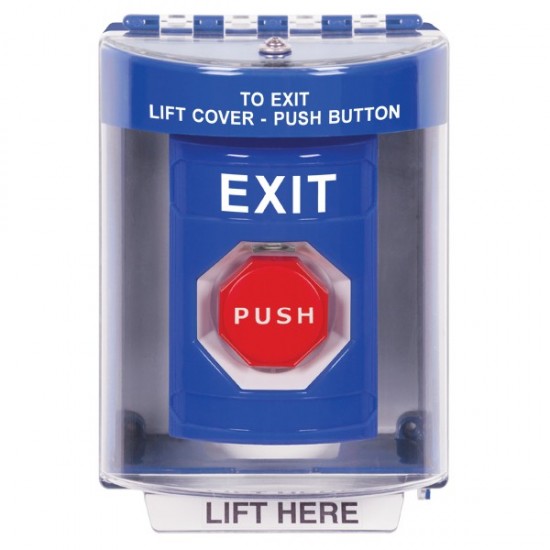 SS2472XT-EN STI Blue Indoor/Outdoor Surface Key-to-Reset (Illuminated) Stopper Station with EXIT Label English