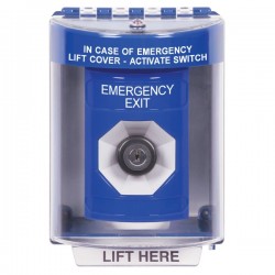 SS2473EX-EN STI Blue Indoor/Outdoor Surface Key-to-Activate Stopper Station with EMERGENCY EXIT Label English