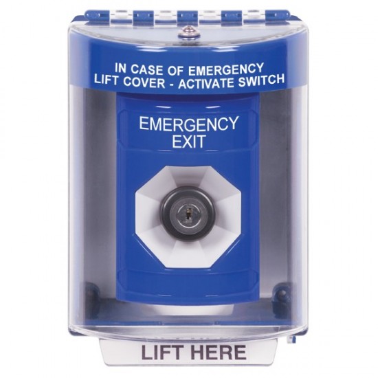SS2473EX-EN STI Blue Indoor/Outdoor Surface Key-to-Activate Stopper Station with EMERGENCY EXIT Label English