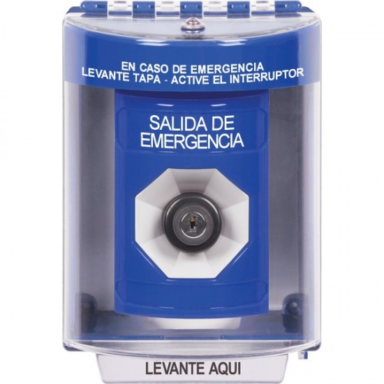 SS2473EX-ES STI Blue Indoor/Outdoor Surface Key-to-Activate Stopper Station with EMERGENCY EXIT Label Spanish