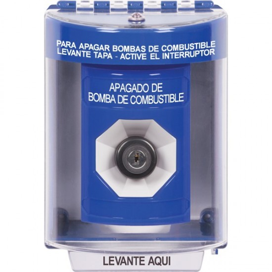 SS2473PS-ES STI Blue Indoor/Outdoor Surface Key-to-Activate Stopper Station with FUEL PUMP SHUT DOWN Label Spanish