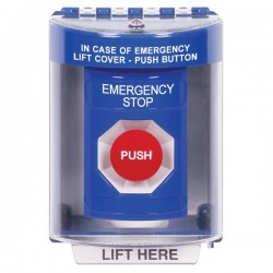 SS2474ES-EN STI Blue Indoor/Outdoor Surface Momentary Stopper Station with EMERGENCY STOP Label English