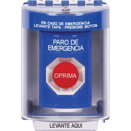 SS2474ES-ES STI Blue Indoor/Outdoor Surface Momentary Stopper Station with EMERGENCY STOP Label Spanish