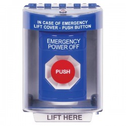 SS2474PO-EN STI Blue Indoor/Outdoor Surface Momentary Stopper Station with EMERGENCY POWER OFF Label English