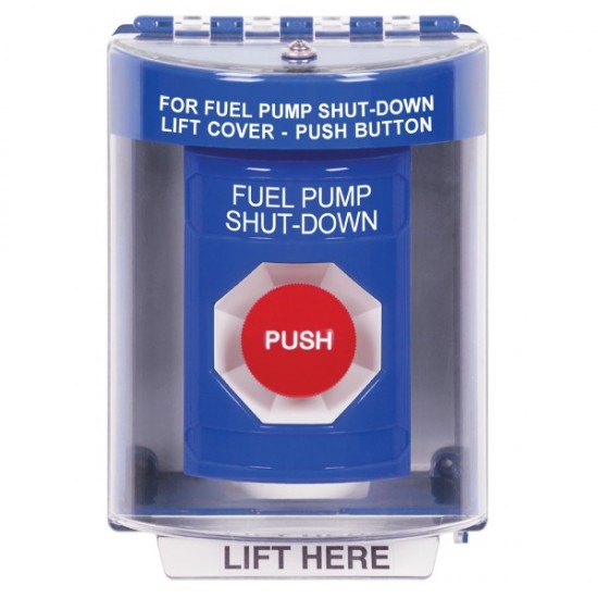 SS2474PS-EN STI Blue Indoor/Outdoor Surface Momentary Stopper Station with FUEL PUMP SHUT DOWN Label English