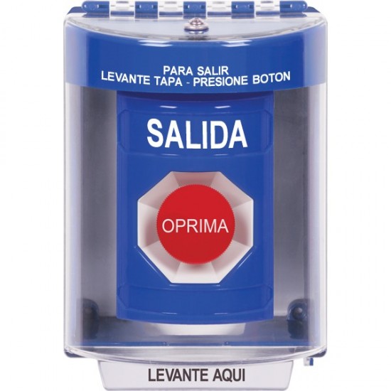 SS2474XT-ES STI Blue Indoor/Outdoor Surface Momentary Stopper Station with EXIT Label Spanish