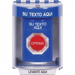 SS2474ZA-ES STI Blue Indoor/Outdoor Surface Momentary Stopper Station with Non-Returnable Custom Text Label Spanish