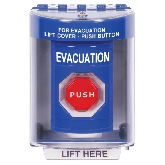 SS2475EV-EN STI Blue Indoor/Outdoor Surface Momentary (Illuminated) Stopper Station with EVACUATION Label English