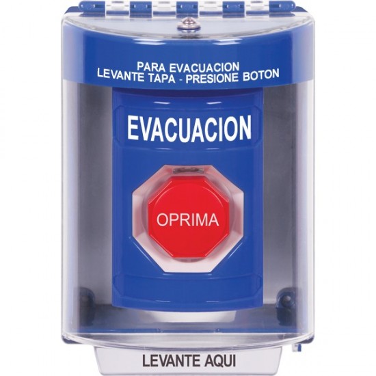 SS2475EV-ES STI Blue Indoor/Outdoor Surface Momentary (Illuminated) Stopper Station with EVACUATION Label Spanish