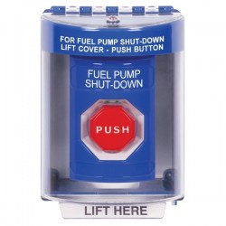 SS2475PS-EN STI Blue Indoor/Outdoor Surface Momentary (Illuminated) Stopper Station with FUEL PUMP SHUT DOWN Label English