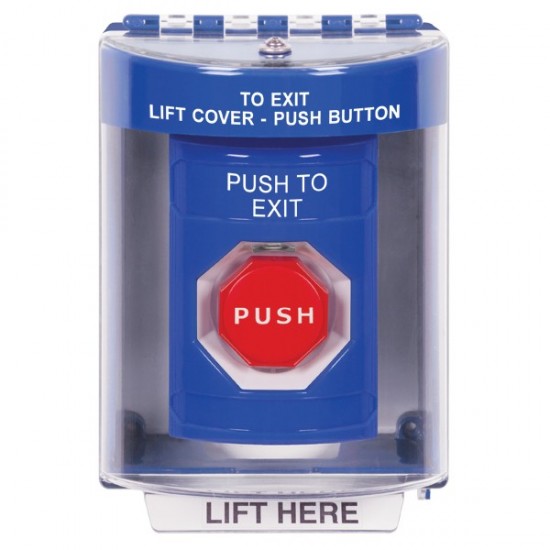 SS2475PX-EN STI Blue Indoor/Outdoor Surface Momentary (Illuminated) Stopper Station with PUSH TO EXIT Label English