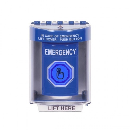 SS2476EM-EN STI Blue Indoor/Outdoor Surface Momentary (Illuminated) with Blue Lens Stopper Station with EMERGENCY Label English SS2476EM-EN STI Blue Indoor/Outdoor Surface Momentary (Illuminated) with Blue Lens Stopper Station with EMERGENCY Label English