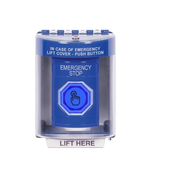 SS2476ES-EN STI Blue Indoor/Outdoor Surface Momentary (Illuminated) Stopper Station w/ EMERGENCY STOP Label