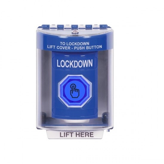 SS2476LD-EN STI Blue Indoor/Outdoor Surface Momentary (Illuminated) with Blue Lens Stopper Station with LOCKDOWN Label English