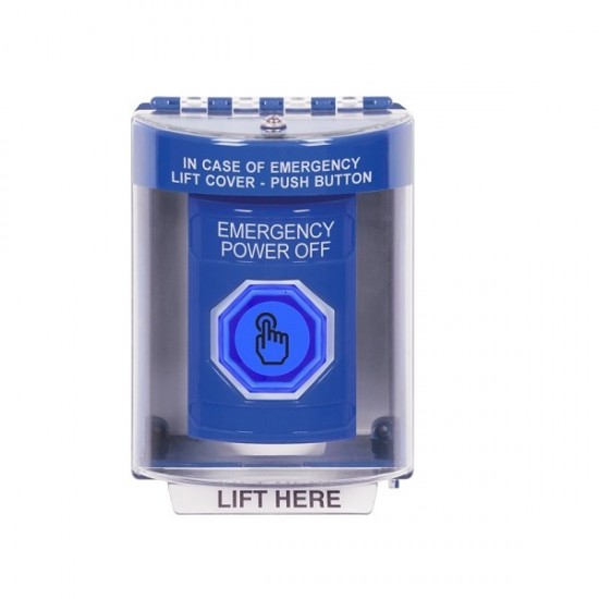 SS2476PO-EN STI Blue Indoor/Outdoor Surface Momentary (Illuminated) Stopper Station w/ EMERGENCY POWER OFF Label