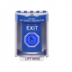 SS2476XT-EN STI Blue Indoor/Outdoor Surface Momentary (Illuminated) with Blue Lens Stopper Station with EXIT Label English