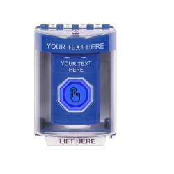 SS2476ZA-EN STI Blue Indoor/Outdoor Surface Momentary (Illuminated) Stopper Station w/ Custom Text Label