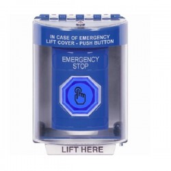 SS2477ES-EN STI Blue Indoor/Outdoor Surface Weather Resistant Momentary Stopper Station w/ EMERGENCY STOP Label