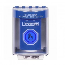 SS2477LD-EN STI Blue Indoor/Outdoor Surface Weather Resistant Momentary Stopper Station w/ LOCKDOWN Label