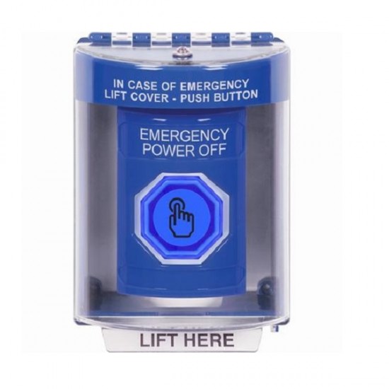 SS2477PO-EN STI Blue Indoor/Outdoor Surface Weather Resistant Momentary Stopper Station w/ EMERGENCY POWER OFF Label