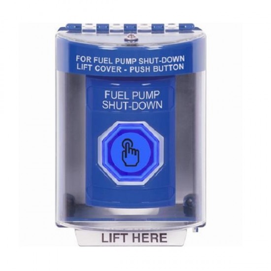 SS2477PS-EN STI Blue Indoor/Outdoor Surface Weather Resistant Momentary Stopper Station w/ FUEL PUMP SHUT DOWN Label