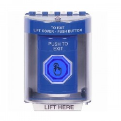 SS2477PX-EN STI Blue Indoor/Outdoor Surface Weather Resistant Momentary Stopper Station w/ PUSH TO EXIT Label