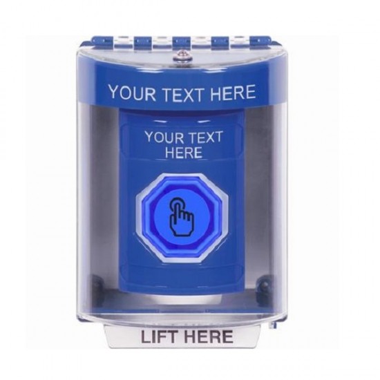 SS2477ZA-EN STI Blue Indoor/Outdoor Surface Weather Resistant Momentary Stopper Station w/ Custom Text Label