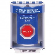 SS2478EX-EN STI Blue Indoor/Outdoor Surface Pneumatic (Illuminated) Stopper Station with EMERGENCY EXIT Label English