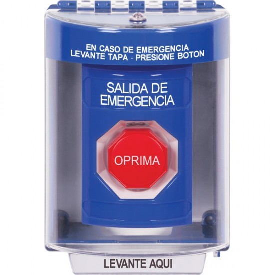 SS2478EX-ES STI Blue Indoor/Outdoor Surface Pneumatic (Illuminated) Stopper Station with EMERGENCY EXIT Label Spanish