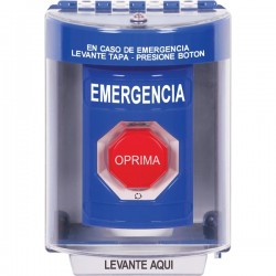 SS2479EM-ES STI Blue Indoor/Outdoor Surface Turn-to-Reset (Illuminated) Stopper Station with EMERGENCY Label Spanish