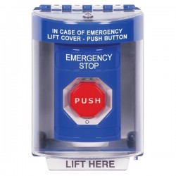 SS2479ES-EN STI Blue Indoor/Outdoor Surface Turn-to-Reset (Illuminated) Stopper Station with EMERGENCY STOP Label English