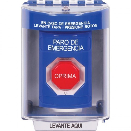 SS2479ES-ES STI Blue Indoor/Outdoor Surface Turn-to-Reset (Illuminated) Stopper Station with EMERGENCY STOP Label Spanish
