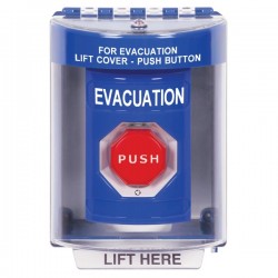SS2479EV-EN STI Blue Indoor/Outdoor Surface Turn-to-Reset (Illuminated) Stopper Station with EVACUATION Label English
