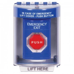 SS2479EX-EN STI Blue Indoor/Outdoor Surface Turn-to-Reset (Illuminated) Stopper Station with EMERGENCY EXIT Label English